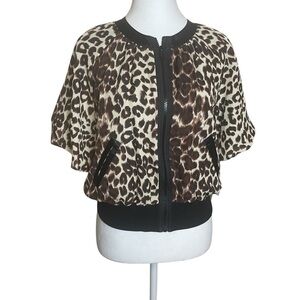 Sharagano Studio Animal Leopard Print Short Sleeve Zip Front Jacket Blouse Small